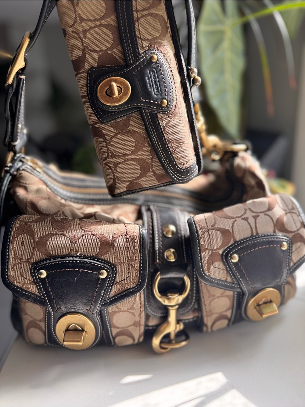 Coach Brown Legacy Lining Double Turnlock Clasp Vintage Bag+Wallet